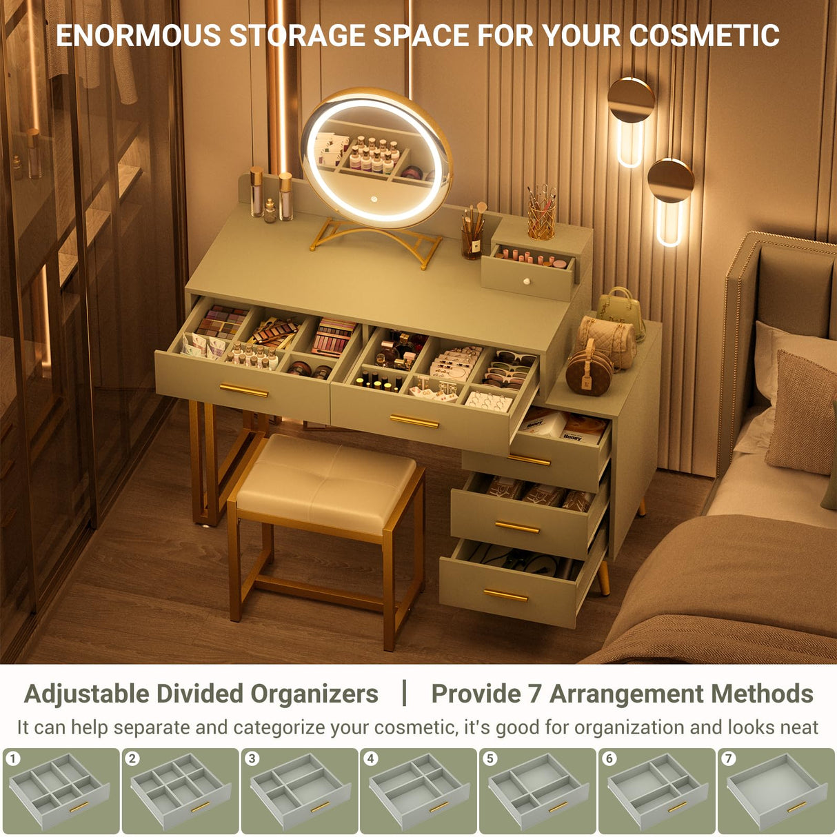 Vanity Desk with Mirror and Lights, Modern Makeup Vanity Table Set with 6 Storage Drawers and Cushioned Stool for Bedroom, Dressing Table with Divided Organizers for Women Girls, Cyan armocity