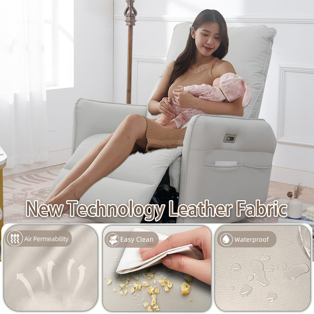 QKFF Power Swivel Rocker Recliner Chair for Nursery, Upholstered 270° Swivel Glider Rocker Chair with USB Ports, Small Power Recliners for Small Spaces Living Room (Light Grey) QKFF