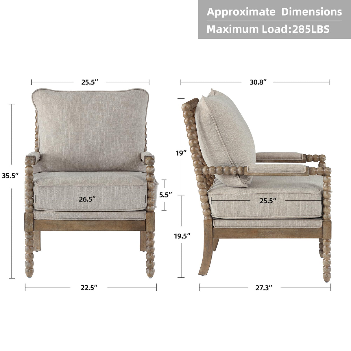 DUHOME Linen Fabric Spindle Accent Chair with Wood Frame,Modern Accent Chairs with Padded Spring Seat and Brushed White Base for Living Room Bedroom Farmhouse Home Office Belcony DUHOME