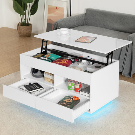 HOMMPA Lift Top Coffee Table with Storage LED Coffee Table Morden High Gloss Black Living Room 4 Tiers Modern Tea Table with Storage Center Tables Hidden Compartment & 2 Open Shelve & 2 Drawers HOMMPA