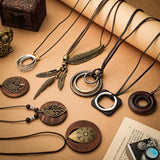 Huquary 8 Pcs Boho Necklaces for Women Boho Jewelry for Women Long Wooden Pendant Choker Necklaces Brown Faux Leather Cord Sweater Jewelry Feather for Women Men Huquary