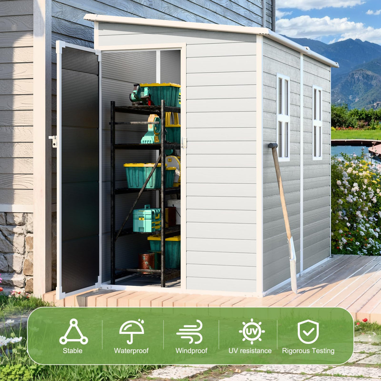 SELLERWE 8x4x6 FT Resin Lean to Shed, Waterproof Outdoor Storage Shed with Floor, Window, Lockable Door & 2 Windows, Tool Shed for Patio Garden, Lawn, Backyard, Dove Grey SELLERWE