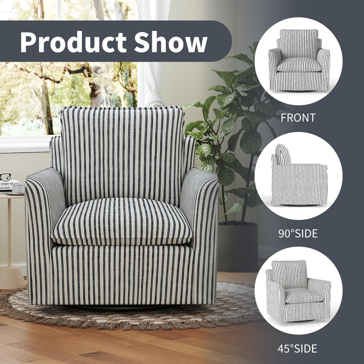 INZOY Swivel Accent Chair, Upholstered Square Chair, Swivel Barrel Reading Chair with Thick Padded Backrest Cushion, Arm Chair for Living Room Bedroom Small Spaces, Blue Stripe INZOY