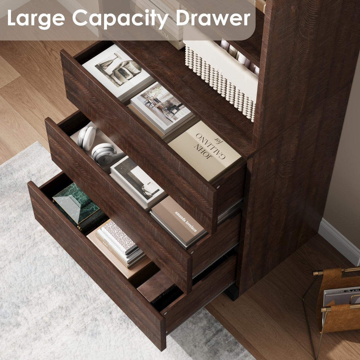 IDEALHOUSE 70" H Bookcase with 3 Storage Drawers,Tall Bookshelf w/ 3-Tier Open Shelf, Morden Storage Bookcase Wooden Deep Bookshelves Storage Cabinet Organizer for Library Office Living Room (Brown) IDEALHOUSE