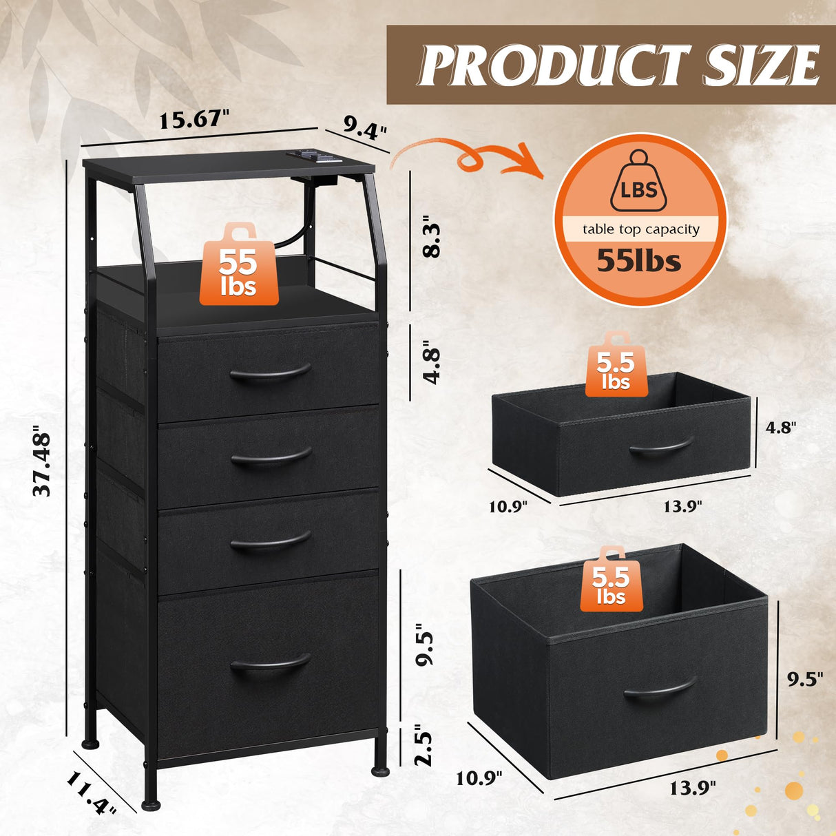 WLIVE Night Stand Set of 2 with Charger Station, Nightstand Sets with LED Light and 4 Storage Drawers, Tall Dressers for Bedroom, Bedside Tables with Fabric Bins, Wood Shelf, Metal Frame, Black WLIVE