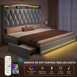 YITAHOME King Size Bed Frame with 4 Storage Drawers and RGB LED Lights, 57'' Tall Headboard Velvet Upholstered Bed with Charging Station, No Box Spring Needed, Easy Assembly, Noise-Free, Grey YITAHOME