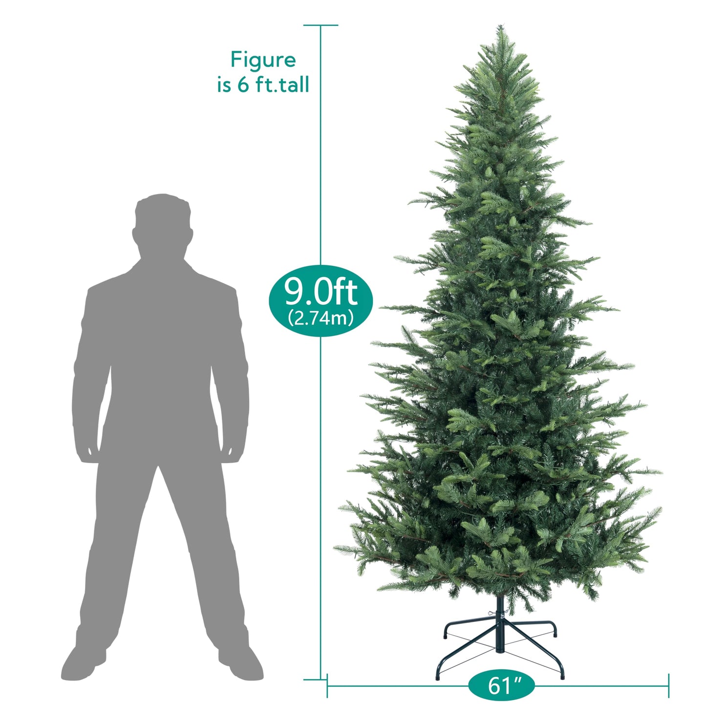 Naomi Home 9ft Nordic Christmas Tree with Lights, Realistic Charming Christmas Tree Prelit with 2106 Branch Tips, 1100 Warm Lights and Metal Stand, Aritificial Christmas Tree