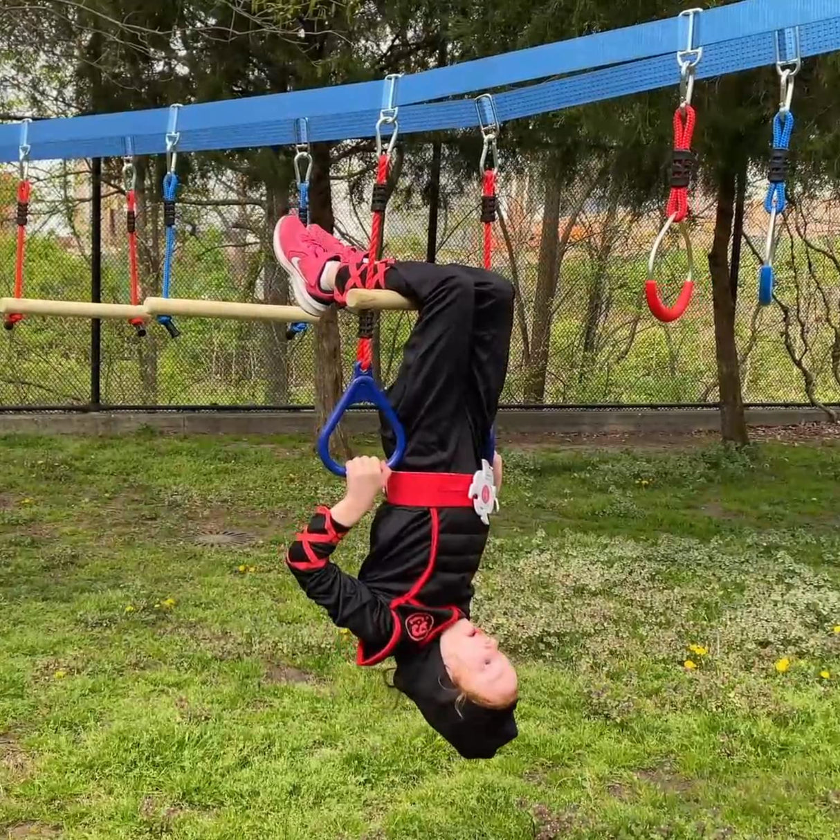 Double Ninja Slackline Obstacle Course for Kids | 110 Foot Line | Monkey Bars Playground Equipment | Ninja Warrior Obstacle Course for Kids | Patented Double Line Design (Deluxe) Lily's Things