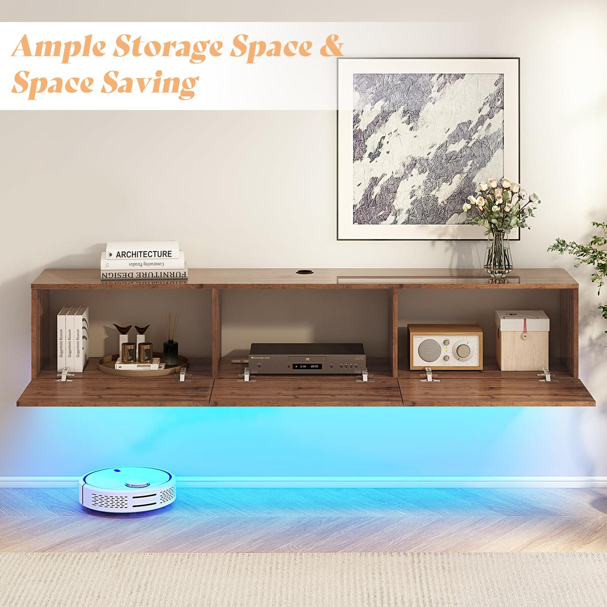 AMERLIFE 70" Floating TV Stand with LED Lights and Power Outlet, High Gloss Wooden Texture Wall Mounted Entertainment Center with Doors, Media Console for TVs Up to 80", Espresso AMERLIFE