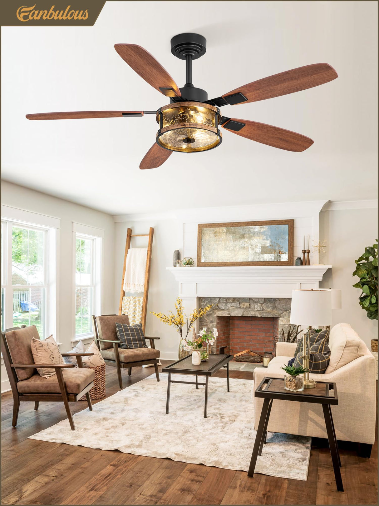 Farmhouse Ceiling Fan with Light and Remote, 52" Black Rustic Flush Mount Ceiling Fans for Bedroom Living Room, Industrial Caged Ceiling Fan for 6 Speed Reversible Motor, 5 Dual Blades Fanbulous