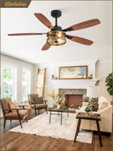 Farmhouse Ceiling Fan with Light and Remote, 52" Black Rustic Flush Mount Ceiling Fans for Bedroom Living Room, Industrial Caged Ceiling Fan for 6 Speed Reversible Motor, 5 Dual Blades Fanbulous