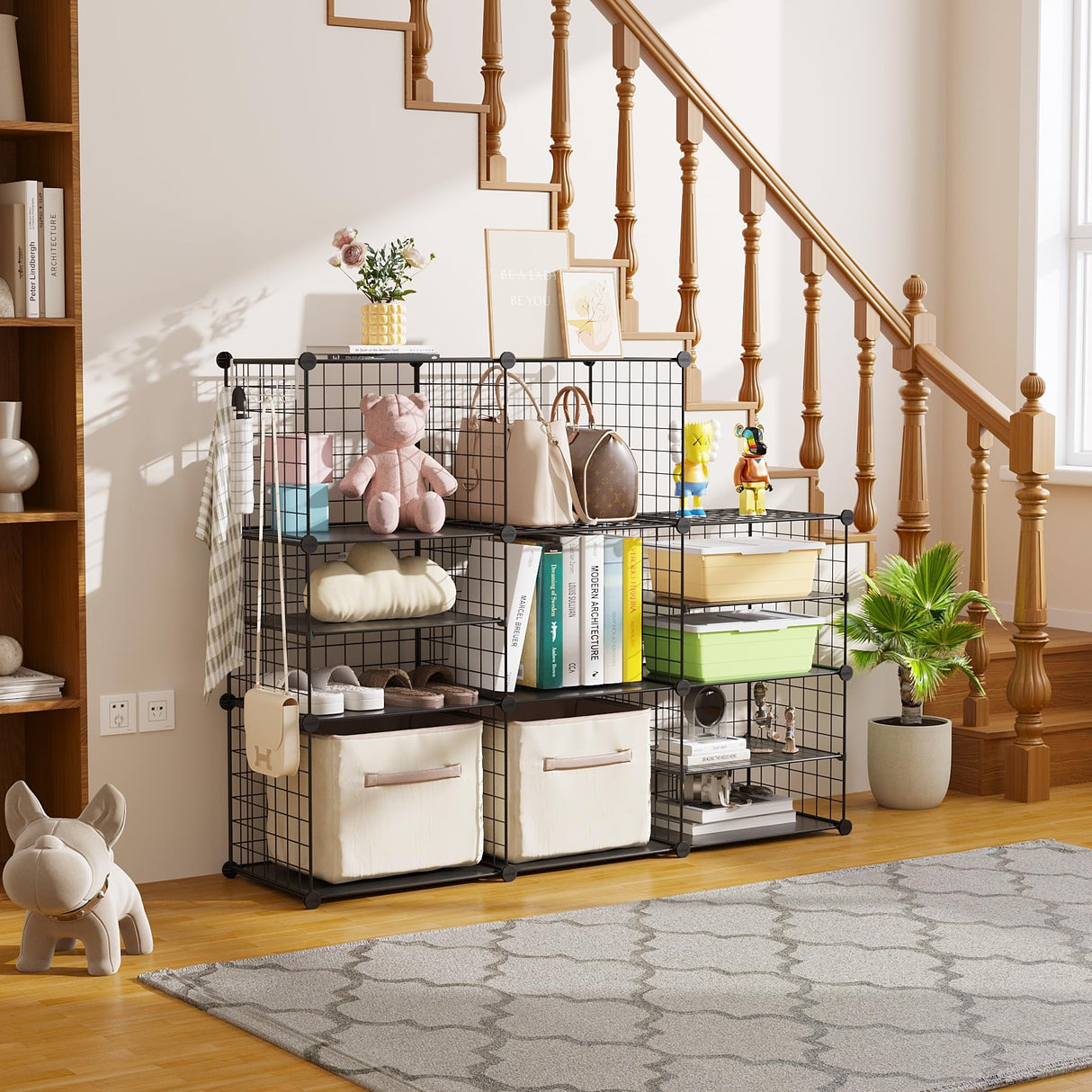 C&AHOME Wire Cube Storage Unit, Interlocking Metal Wire Organizer with Divider Design, Modular Cabinet with Plastic Panels, Bookshelf Stackable Closet Organizer with Small Hooks, Black UWCSIM08B C&AHOME