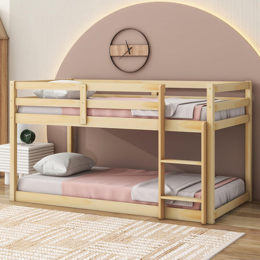 LUKEEHOM Twin Over Twin Low Profile Bunk Bed with Ladder - Ideal for Kids' Rooms - WoodArtSupply