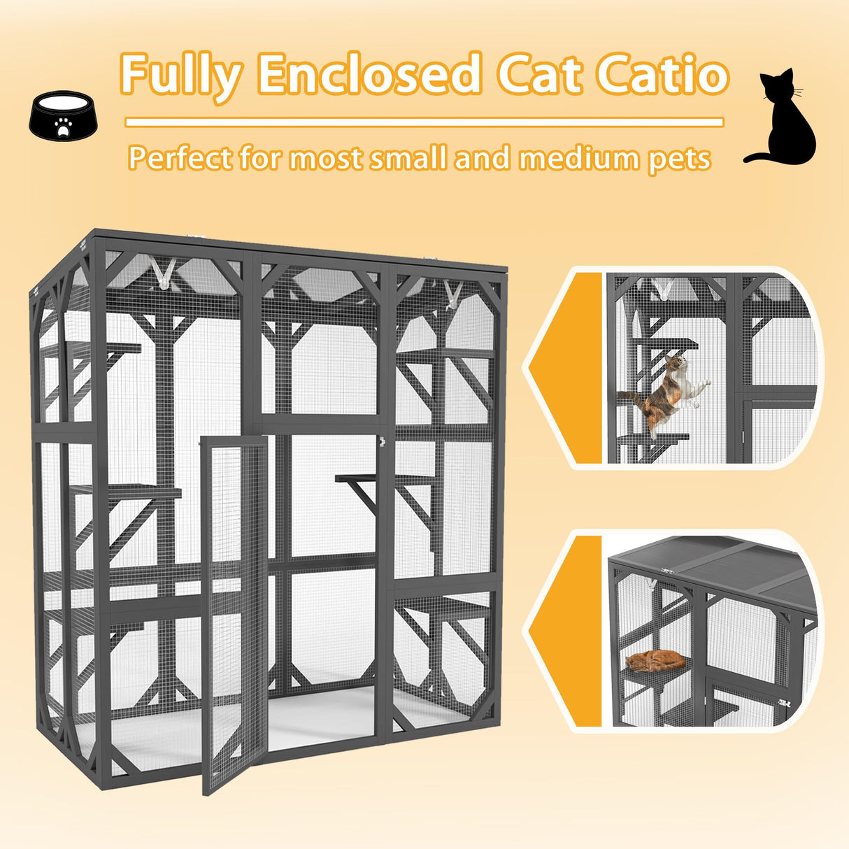 CuisinSmart Catio Outdoor Cat Enclosure Walk-in Cage Large Catio for Multiple Cats with Weatherproof Roof and 6 Platforms, Grey CuisinSmart