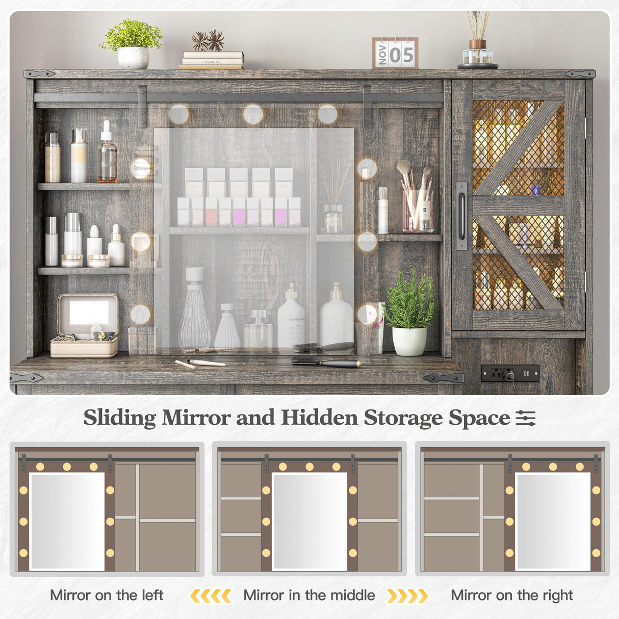 EnHomee 47.2"W Farmhouse Vanity Makeup Vanity Desk with Mirror and Lights,Vanity Table with 4 Drawers & Shelves Big Makeup Desk with Charging Station for Bedroom, Dark Rustic Oak (Stool not Included) EnHomee