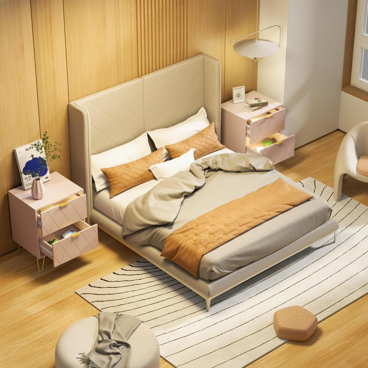 Anbuy Pink Nightstand Set of 2, End Side Table Double, Bedside Table with 2 Drawers, Dual Night Stand Set 2 Gold Legs for Bedroom Living Room Anbuy