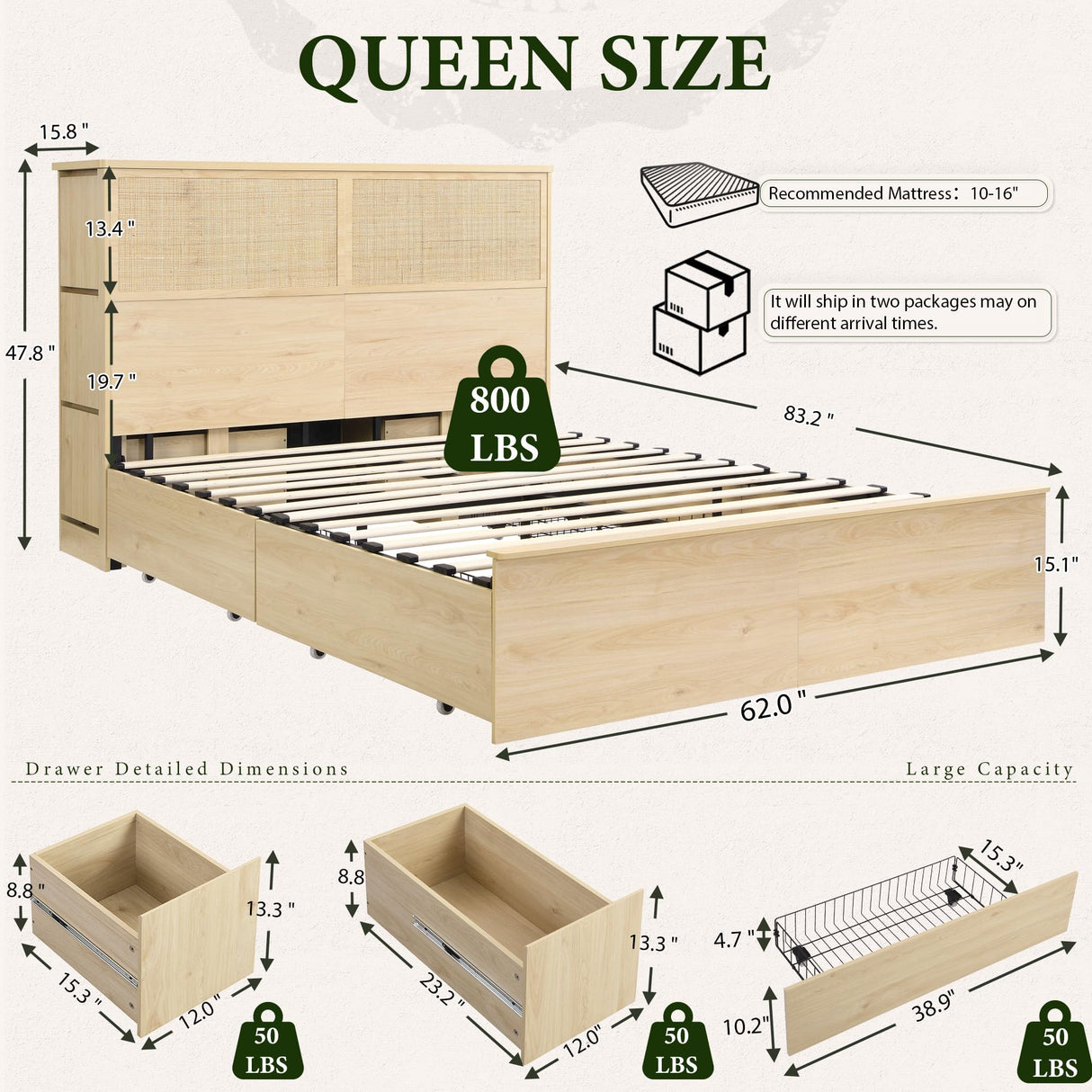 Yechen Natural Rattan Queen Bed with 10 Storage Drawers and Wide Storage Headboard, 48" Tall Boho Wooden Bed Frame Steel Stand and Charging Station, Sturdy Bamboo Bed, No Box Spring Needed/Noise Free Yechen