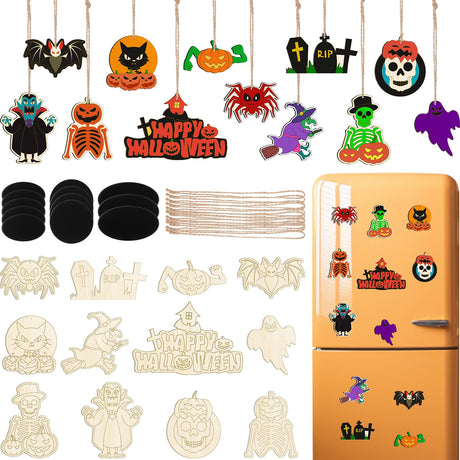 Jenaai 36 Pcs Halloween DIY Wooden Magnets Crafts Kit Refrigerator Decoration Halloween Painting Magnetic Stickers Pumpkins Bats Ghost Hanging Magnets for Garage Door Mailbox Decor Jenaai