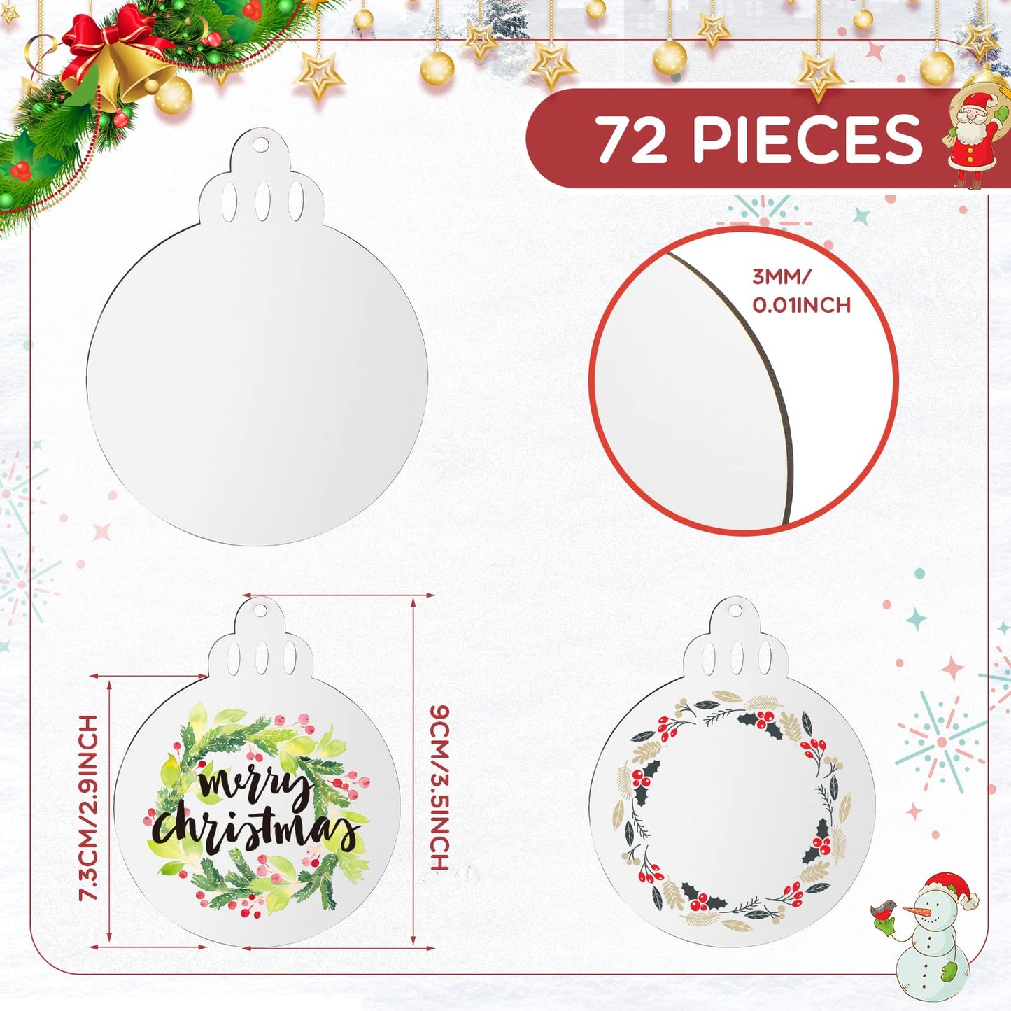 Jetec Christmas Sublimation Blank Pendants Double Side MDF Personalized Blank Bulk Heat Transfer Blank Hanging Pendant White Sublimation Ornament with Red Ribbon for DIY (72 Pcs,3.5 x 2.9 x 0.1 Inch)