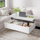 Modern Lift Top Coffee Table，39.37" White Mid Century Coffee Table with Lifting Top for Living Room, Wooden Carved Center Table with Hidden Storage Metal Legs, Fluted Panel, Adjusting to Dining Table VOXANOXI