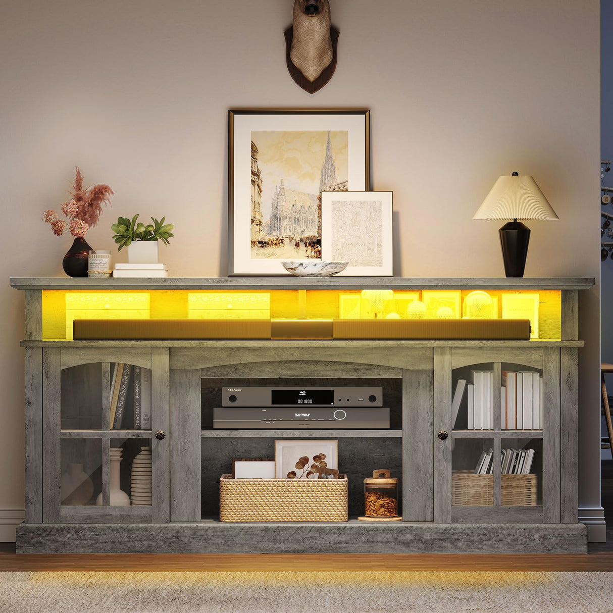 YITAHOME LED Farmhouse TV Stand for TV up to 75 Inch w/Outlets, Highboy Media Entertainment Center Console Table Adjustable Storage Shelves &Cabinet Glass Door for 360lbs for Living Room, Rustic Grey YITAHOME