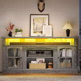 YITAHOME LED Farmhouse TV Stand for TV up to 75 Inch w/Outlets, Highboy Media Entertainment Center Console Table Adjustable Storage Shelves &Cabinet Glass Door for 360lbs for Living Room, Rustic Grey YITAHOME