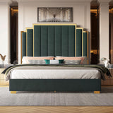 Albott King Size Platform Bed Frame, 65" Velvet Upholstered Bed with Gold Trim Headboard/Wooden Slats/No Box Spring Needed/Green Albott