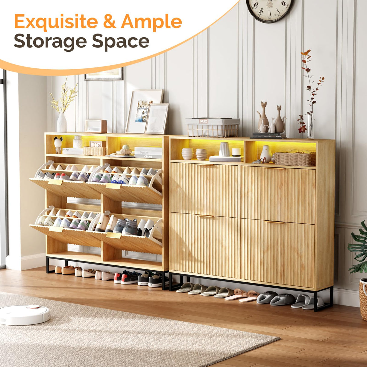 VINGLI Fluted Shoe Cabinet Storage for Entryway,Hidden Shoes Storage Cabinet with 4 Flip Drawers, Mid Century Modern Shoe Rack with LED Light,Shoes Organizer with Cubby for Hallway(Natural Oak) VINGLI