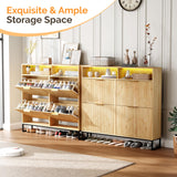 VINGLI Fluted Shoe Cabinet Storage for Entryway,Hidden Shoes Storage Cabinet with 4 Flip Drawers, Mid Century Modern Shoe Rack with LED Light,Shoes Organizer with Cubby for Hallway(Natural Oak) VINGLI