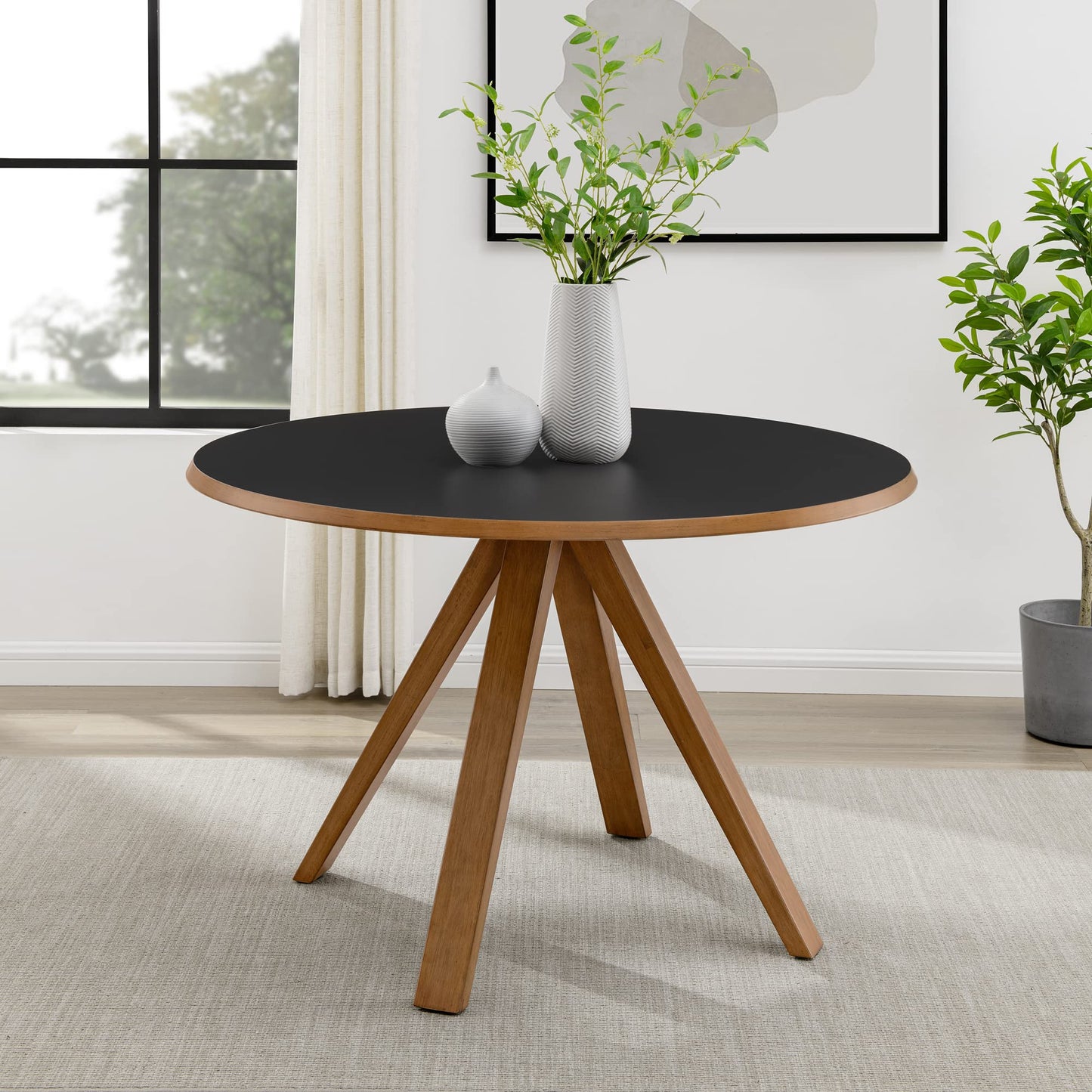 Walker Edison Cohen Minimalist Round 4-Person Dining Table, 48 Inch, Black/English Oak - WoodArtSupply