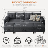 Convertible Sectional Sleeper Sofa with Storages, 100" U Shaped 4 Seater Couch with 2 Movable Ottomans and 1 Ottoman Bench Polyester Fibre for Living Room, Dark Grey Soscana