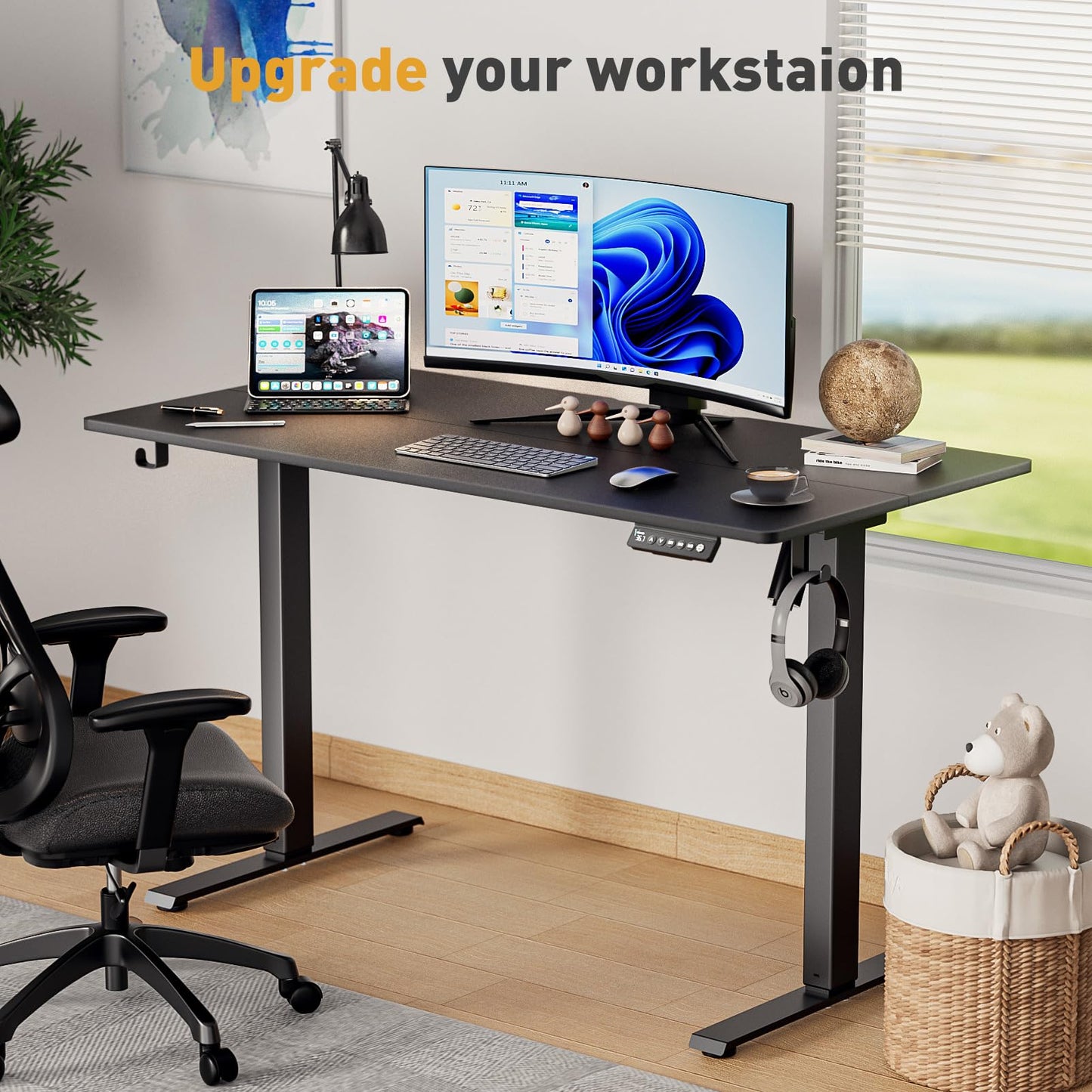 VVENACE 48'' x 24'' Electric Standing Desk Adjustable Height with Wheels, Sit Stand Up Desk, Home Office Desk, Rising Lifting Ergonomic Desk with Spliced Desktop Black