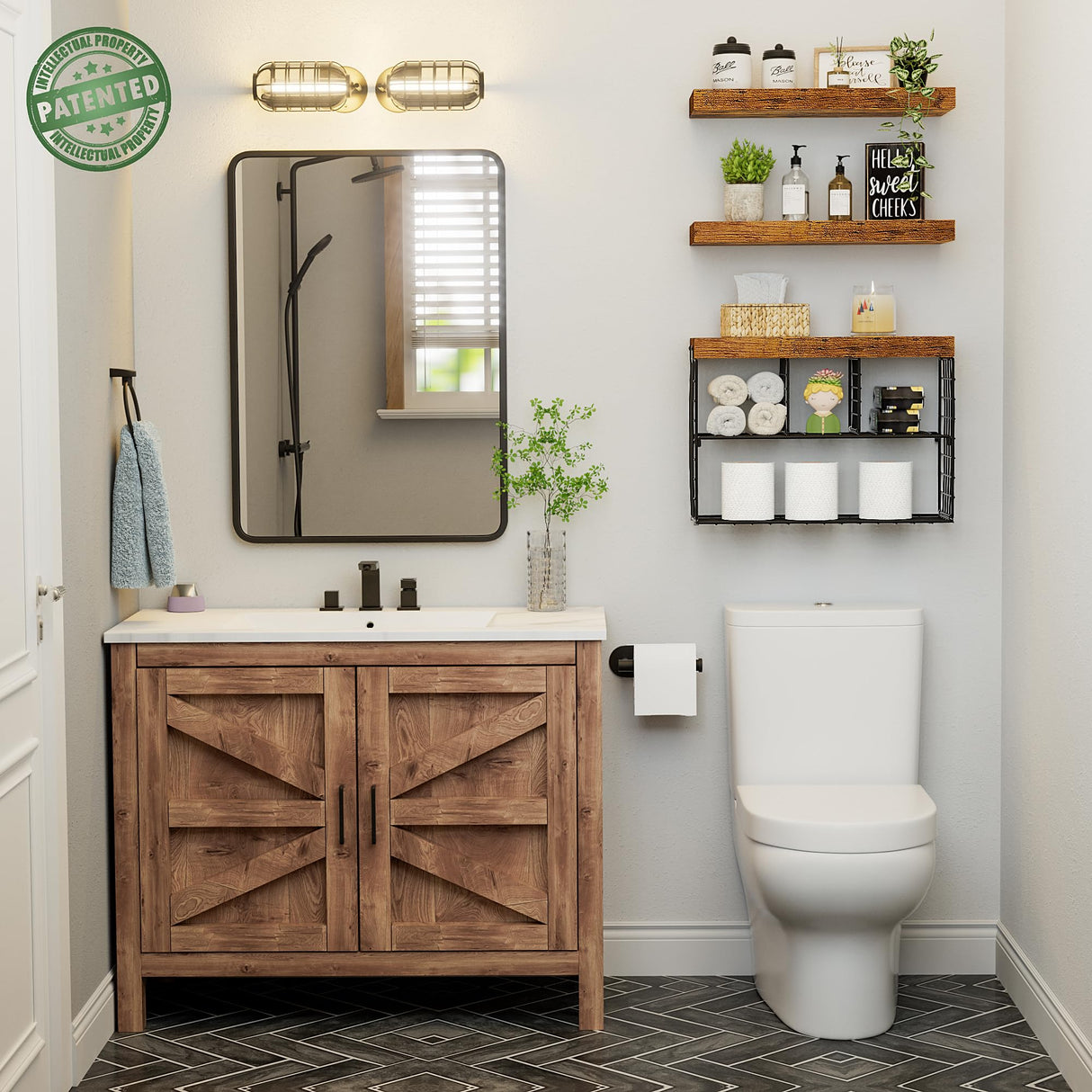 KLUVIS Bathroom Floating Shelves for Wall - Shelf Over Toilet Storage Small Farmhouse Decor Shelves (15.7 inch, Set of 3, Rustic Brown) KLUVIS