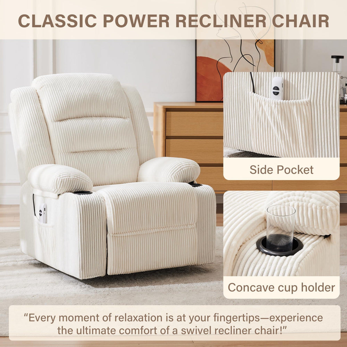 Hicosit Power Recliner Chair,Electric Reclining Chair for Adults,Adjustable Home Theater Seating Lounge,Recliners for Living Room,Bedroom with Charging Ports,Stripe White Hicosit