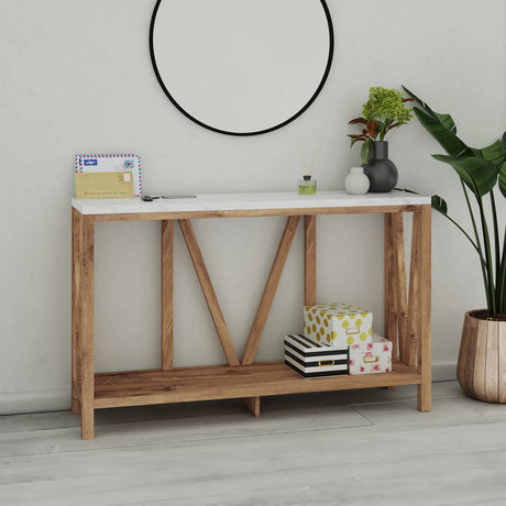 EMMA + OLIVER Owen Sofa Table - Modern Farmhouse Design - Engineered Wood Construction in Warm Oak - Faux Marble Top - Protective Floor Glides EMMA + OLIVER