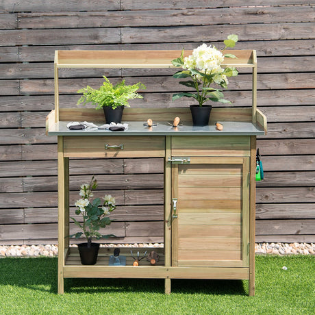 Giantex Potting Bench Table for Outside Natural Wood Garden Plant Lawn Patio Table Storage Shelf Metal Tabletop Outdoor Workstation Flower Pot Bench (Natural Fir w/Cabinet) Giantex