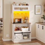 YITAHOME Bakers Rack with Power Outlet and Storage Farmhouse Microwave Stand with LED Lights Heavy Duty 5-Tier Coffee Bar Cabinet Station with 7 Hooks for Kitchen Dining Room Living Room White YITAHOME