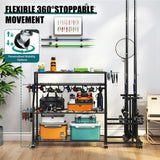 TC-HOMENY Large Fishing Rod Holders for Garage Fits for 12 Rods, 4-Tier Fishing Pole Rack Cart with Enlarged Shelves, Fishing Gear Tackle Organizer Storage Cart with Wheels for Garage, Outdoor, Black TC-HOMENY