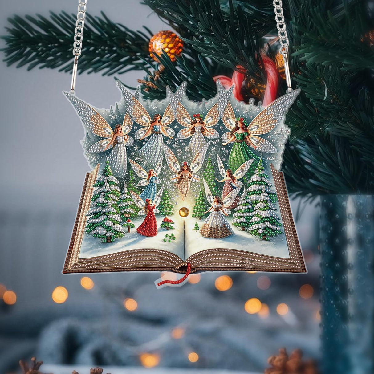 5D Christmas Diamond Painting Pendant Kit, Magic Book with Flying Elf and Snowy Forest, DIY Crystal Diamond Art Hanging Sign for Window, Door & Wall, Fantasy Home Decoration Gift, 24.1 x 20.4 cm AiYuanzsh