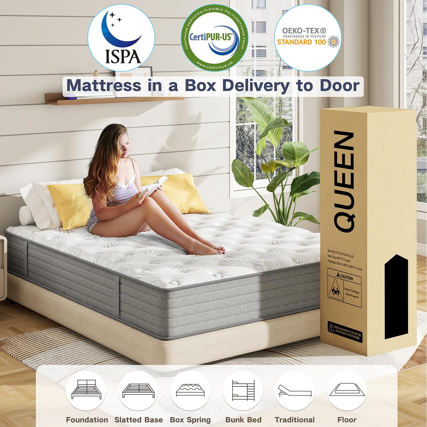 Queen Mattress,12 Inch Hybrid Queen Size Mattress in a Box with Gel Memory Foam,Individually Pocket Springs for Pressure Relief,Motion Isolation,Edge Support,Medium Firm,CertiPUR-US,60"*80"*12"