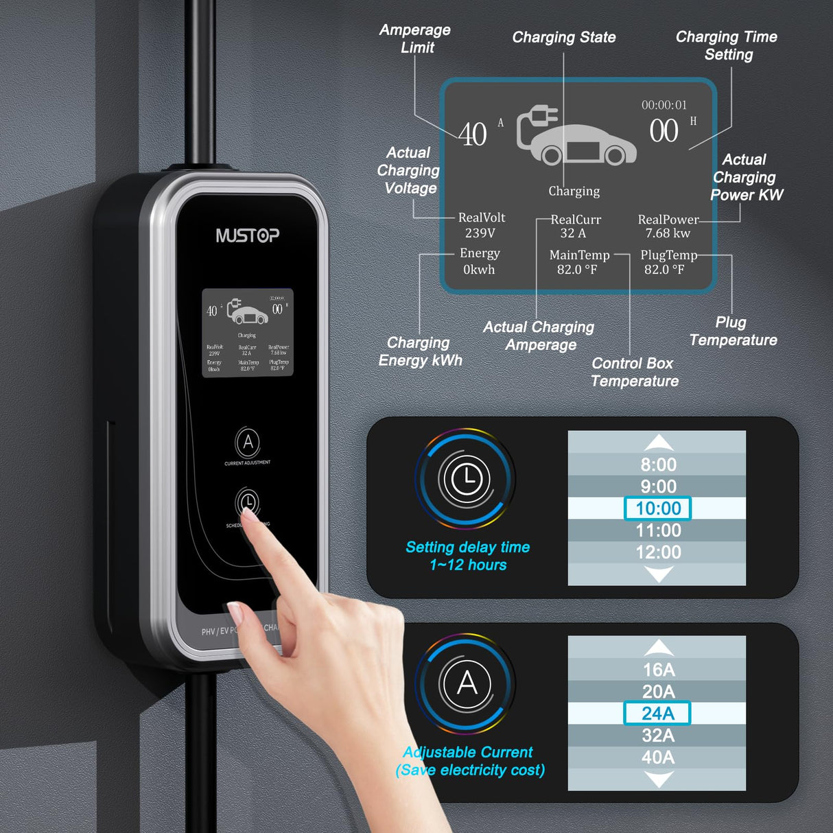 Mustop Level 1 & 2 EV Charger J1772 (40 Amp, 240 Volt, 20ft Cable),ETL Wall Connector Dual Use EV Portable NEMA 14-50 & 5-15 Wi-Fi Enabled with Holder for EV and Hybrid Vehicles mustop