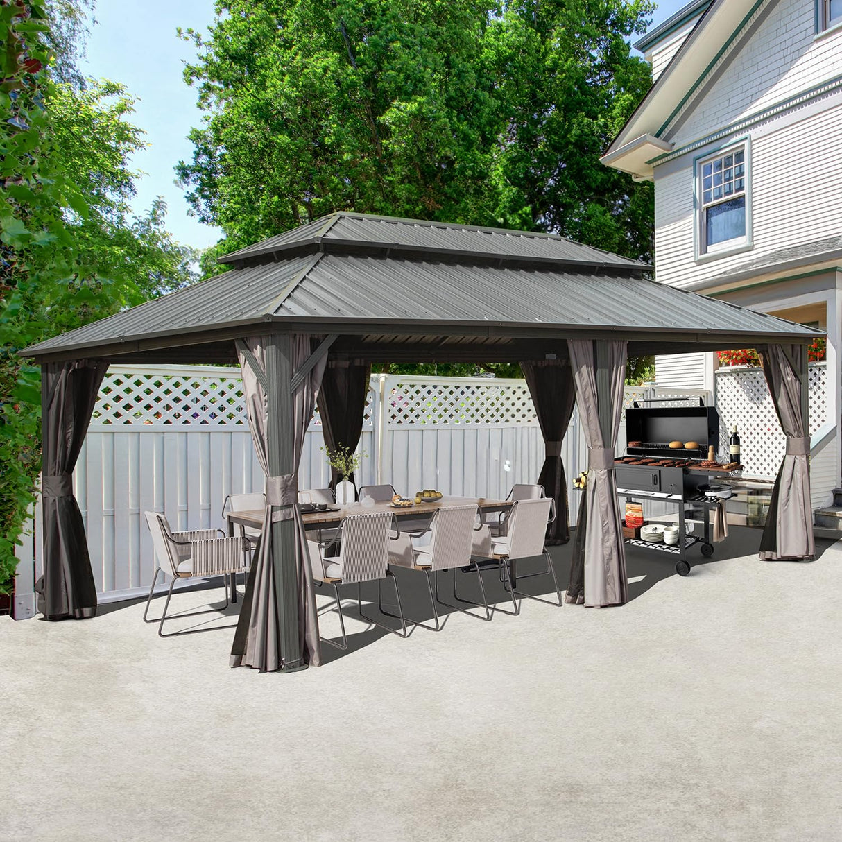 Domi 12' x 20' Hardtop Gazebo Permanent Metal Gazebo with Galvanized Steel Double Roof, Curtains and Netting for Patio, Backyard, Deck, Lawn, Grey domi outdoor living