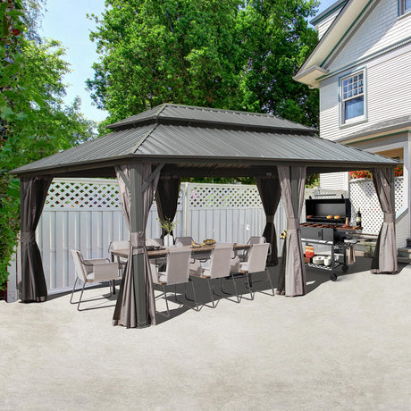 Domi 12' x 20' Hardtop Gazebo Permanent Metal Gazebo with Galvanized Steel Double Roof, Curtains and Netting for Patio, Backyard, Deck, Lawn, Grey domi outdoor living
