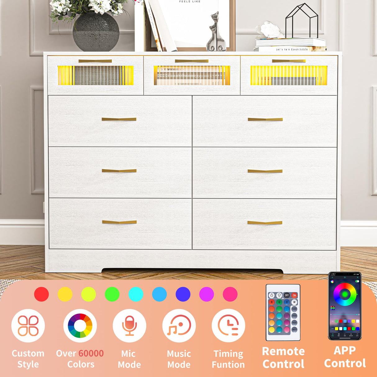 Vibe & Dine 9 Drawer Dresser with LED Lights and Charging Station, Modern Chest of Drawers Closet Organizer, Wood Wide Storage Dresser for Bedroom, Living Room Vibe & Dine