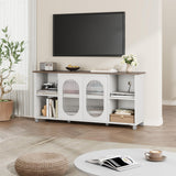 IDEALHOUSE 70 Inch TV Stand, Rustic Entertainment Center with Corrugated Glass Cabinet Doors, Media Console with Open Shelves, TV Stands for Living Room - White & Dark Brown IDEALHOUSE