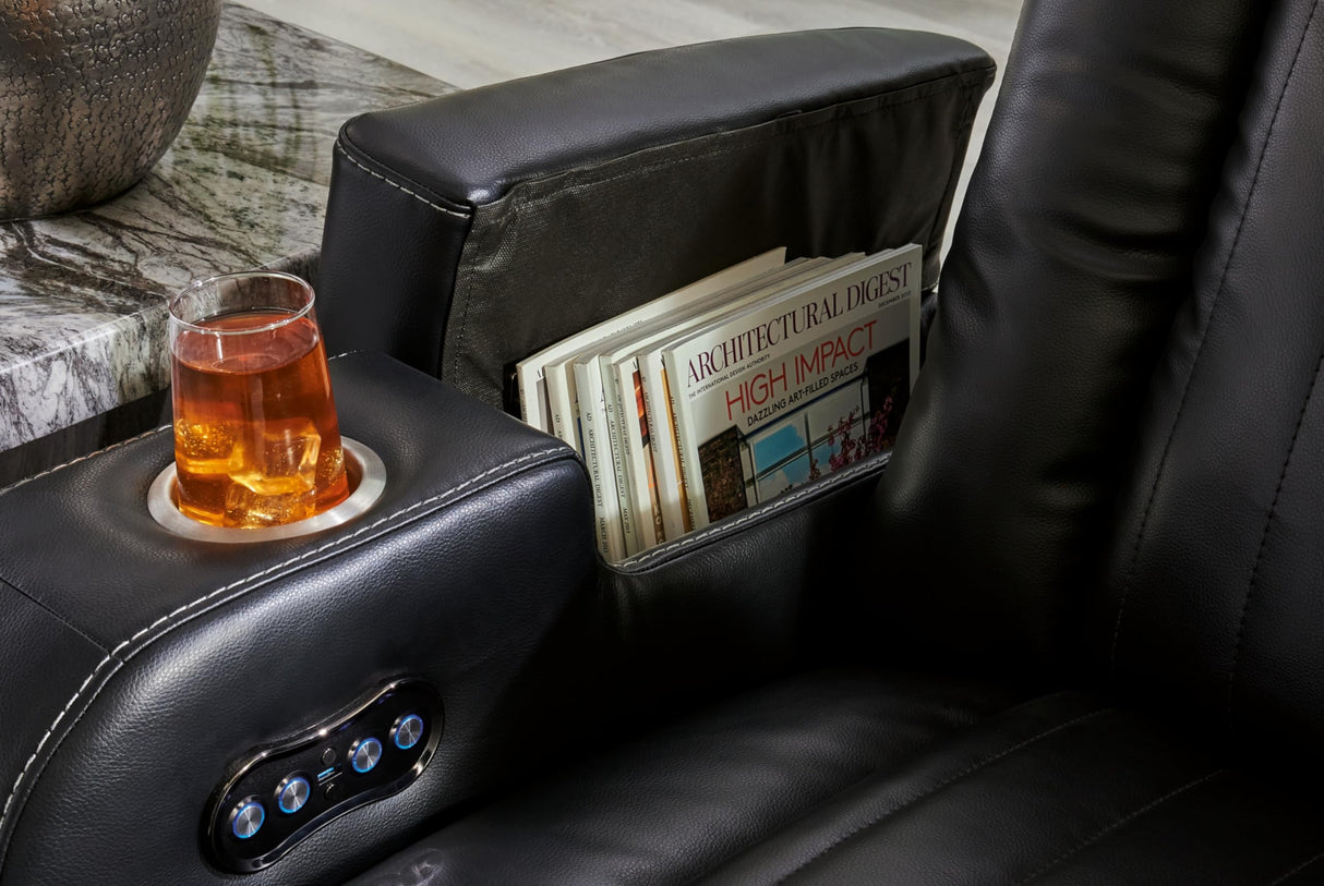 Signature Design by Ashley Caveman Den Modern Faux Leather Wall Hugger Power Recliner with Adjustable Headrest, Storage, Wireless, USB Ports and LED Lights, Black Signature Design by Ashley