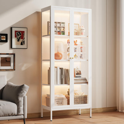 Glass Display Cabinet with LED Lights, White Curio Glass Showcase, 66" Tall Metal Storage Cabinet with Doors and Adjustable Shelves, 3 Color Lighted Display Case for Living Room, Hallway, Pantry