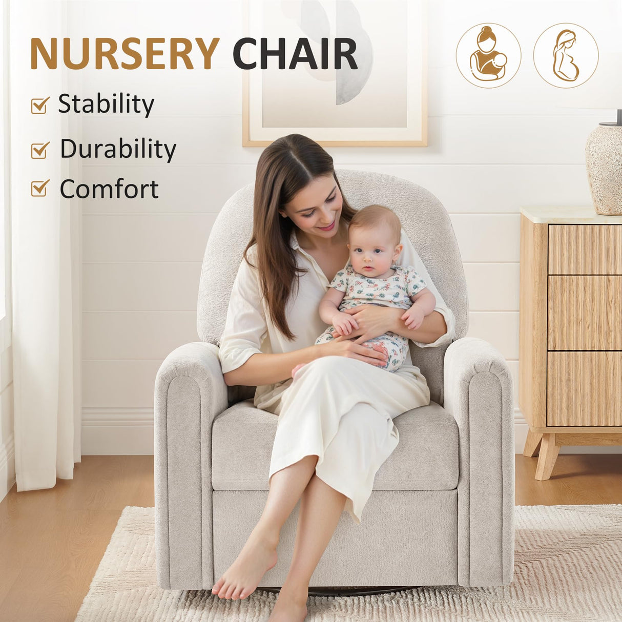 VANOMi 360 Swivel Rocker Recliner Chair, Nursery Rocking Chair with Tufted Backrest, Manual Recliner Chairs for Small Spaces, Upholstered Glider Nursing Chair for Living Room, Bedroom (Camel) VANOMi