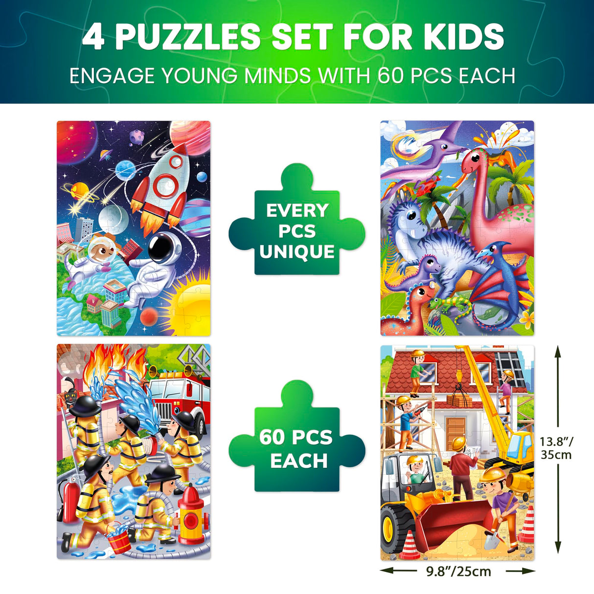 QUOKKA Puzzles for Kids Ages 4-6 - Set of 4x60 Jigsaw Puzzles for Toddlers 3-5 - Space, Dino, Firefighters Toys for Children 6-8 yo - Gift Educational Game for Boys & Girls QUOKKA