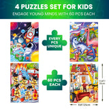QUOKKA Puzzles for Kids Ages 4-6 - Set of 4x60 Jigsaw Puzzles for Toddlers 3-5 - Space, Dino, Firefighters Toys for Children 6-8 yo - Gift Educational Game for Boys & Girls QUOKKA